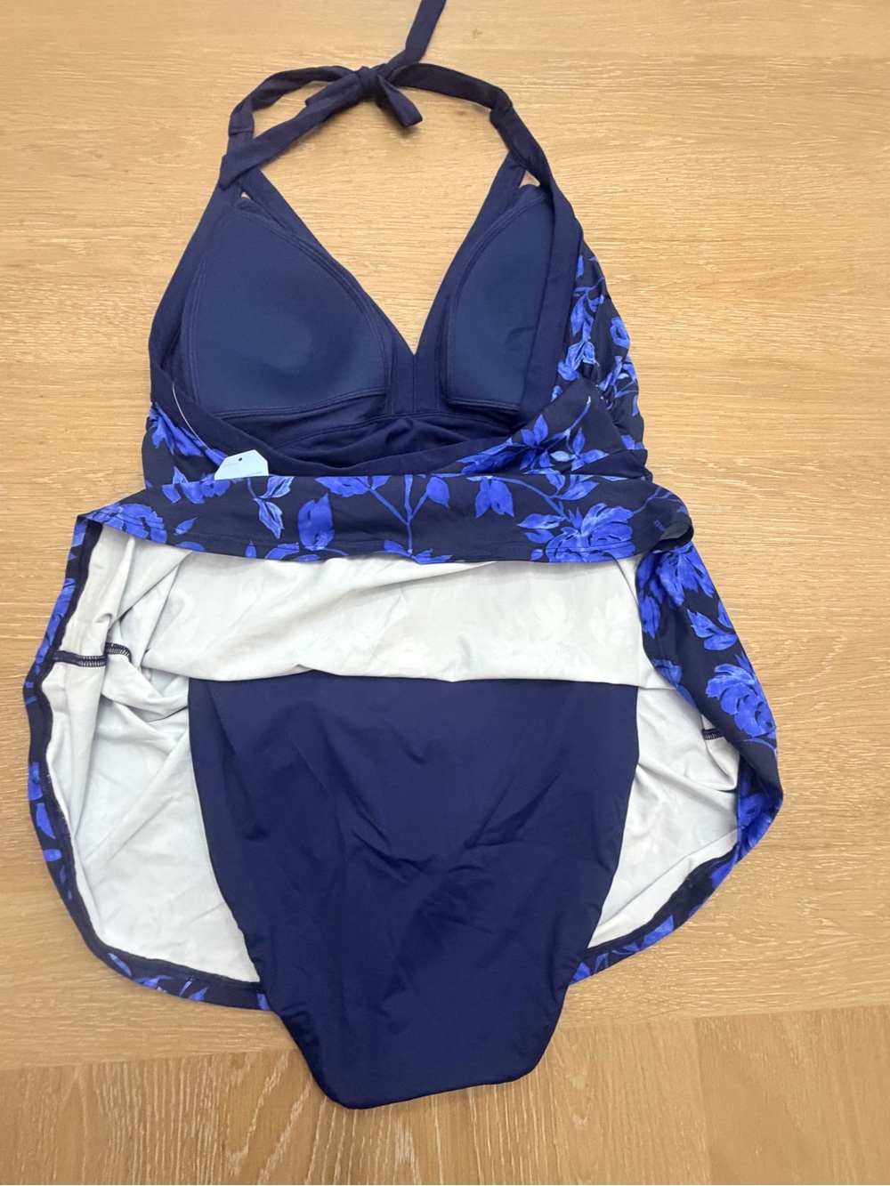 Blue Floral Halter Swimdress with Flared Skirt - Picture 6 of 11